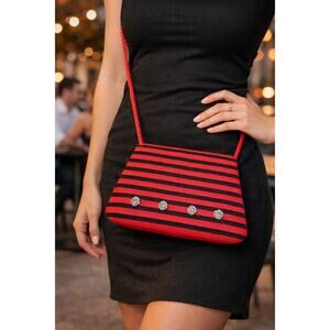 Vintage Whittall Shon Crossbody Purse Red Black Stripe Rhinestone Glam Bag 10x7